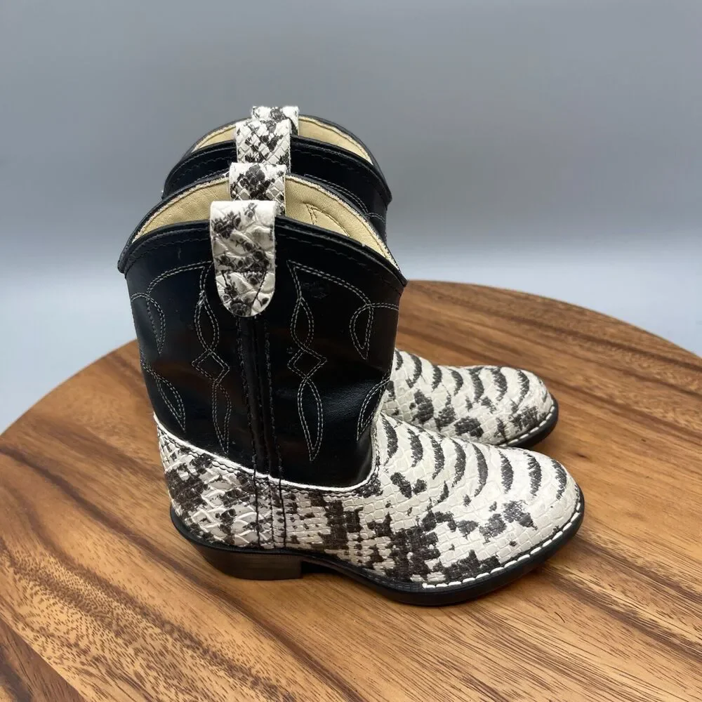 Kids Black and White Western Snake-Print Boots